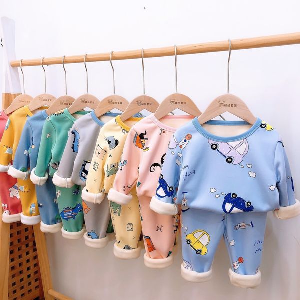 

2-8kids pajamas sets baby boys girls velvet warm long sleeved tshirt+pant cartoon clothing autumn sleepwear suit pyjama trousers 201104, Blue;red