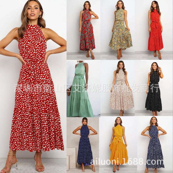 

off new summer 2020 hanging neck shoulder fashion long lace up print dress, Black;gray