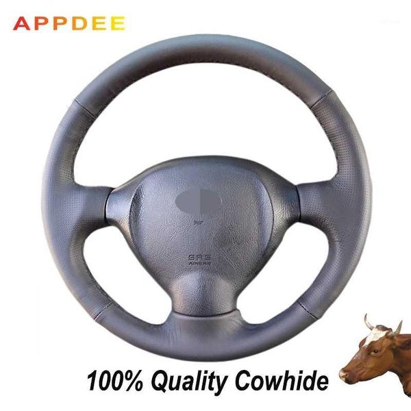 

appdee black genuine leather hand -stitched car steering wheel cover for santa fe1