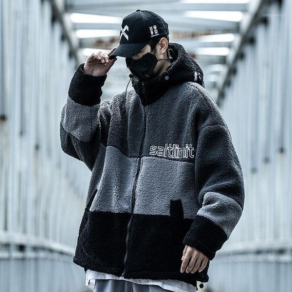 

men's down & parkas male winter lambs wool coat with fleece thick cotton-padded clos into joining street hooded jacket1, Black