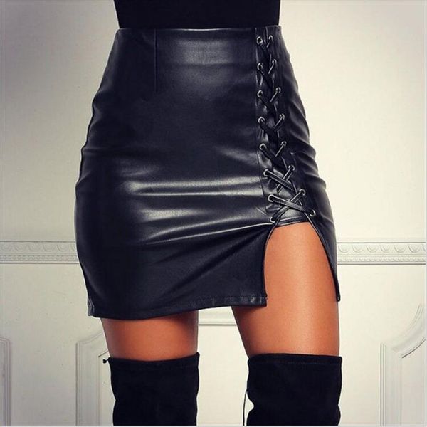 

new 4xl plus size women pu skirts black lace hem split uncracked pu leather high waist pack hip skirts