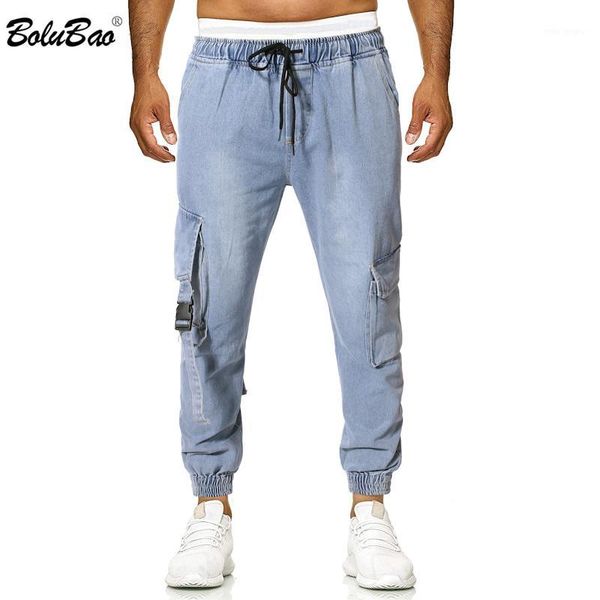

bolubao fashion brand men solid jeans autumn new men's big pocket cargo pants high street trend wild denim jeans male1, Blue