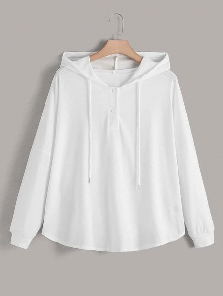 

plus drop shoulder half button drawstring hoodie g3vy#, Black