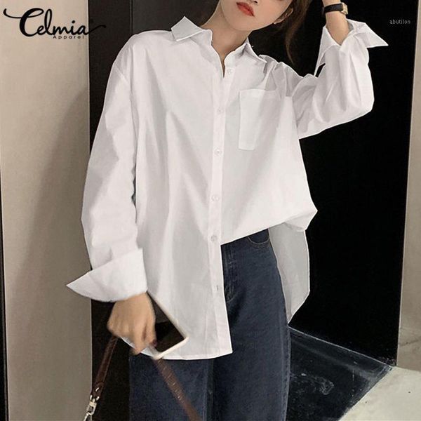 

women's blouses & shirts stylish 2021 autumn long sleeve basic women's blouse celmia ladies split lapel casual loose office b, White