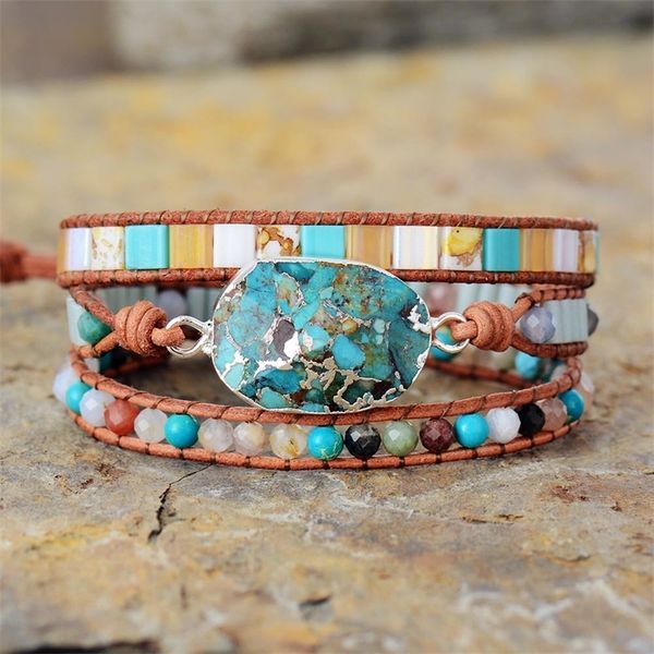 

leather wrap bracelets w/ stones multi color natural beads crystal weaving statement art bracelet gifts y200730, Black
