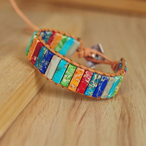 

Natural Stone Handmade Multi Color Chakra Bracelet Jewelry Tube Beads Leather Wrap Bracelet Creative Gifts Couples Bracelets, Golden;silver