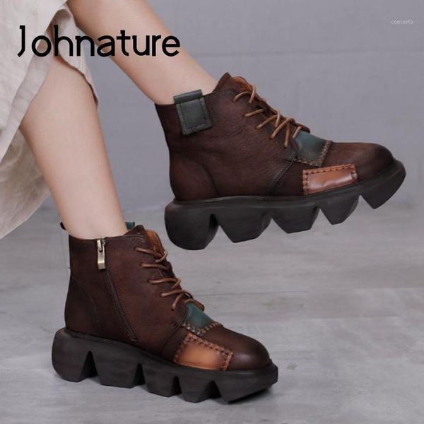 

johnature ankle women boots mixed colors 2020 new women shoes retro genuine leather round toe sewing handmade platform boots1, Black