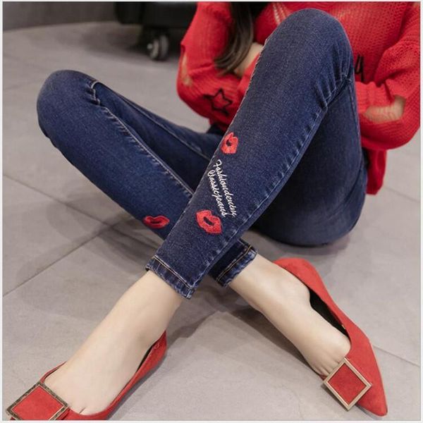 

9 color fashion jeans for women lips flowers embroidery holes styles trousers elasticity jeans slim was thin cuffs pencil pants, Blue