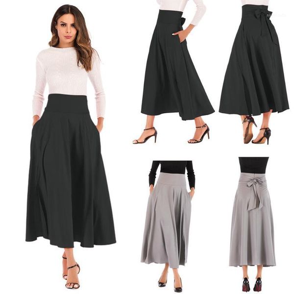 

women high waist pleated a line long skirt front slit belted maxi skirt #s1, Black