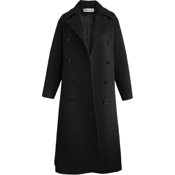 

women's wool & blends black women woolen coat winter solid slim fit double breasted turn-down collar