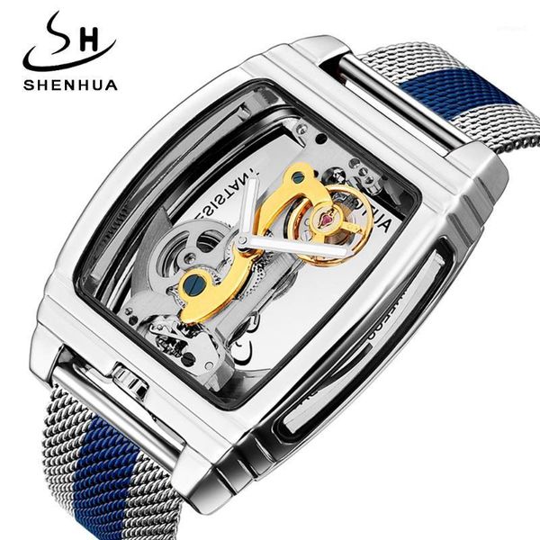 

wristwatches creative stainless steel automatic mechanical watches men tourbillon transparent steampunk skeleton self winding clock1, Slivery;brown