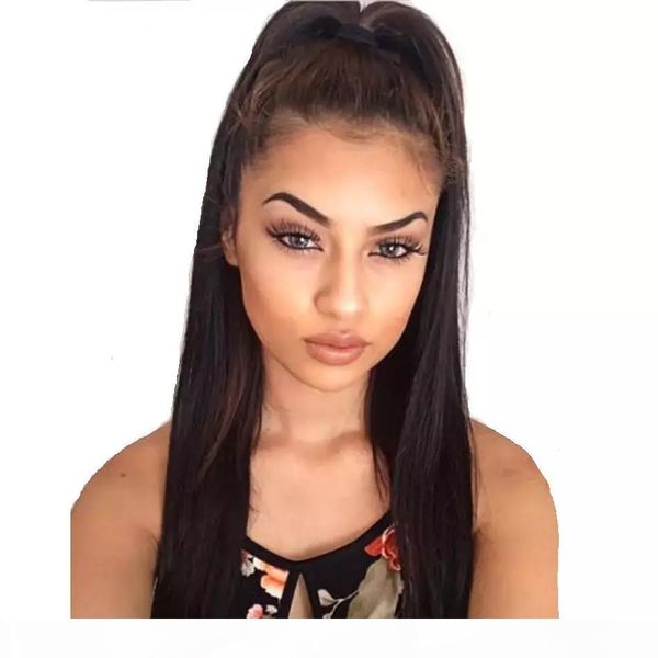 

yaki lace front wigs for african american glueless long black light yaki straight virgin brazilian hair full lace wig high ponytail, Black;brown