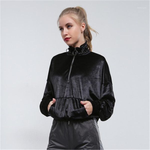 

2020 new fall and winter pullover female fashion stand collar solid color velvet zipper pocket street style women all-match1, Black