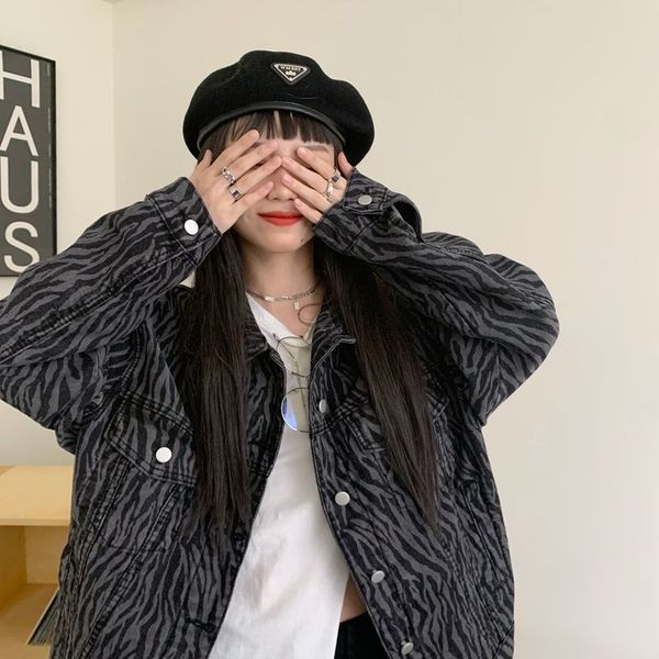 

2021 new zebra print women jean long sleeve outerwear korean biker jacket casual streetwear female coats and jackets vf3h, White;black