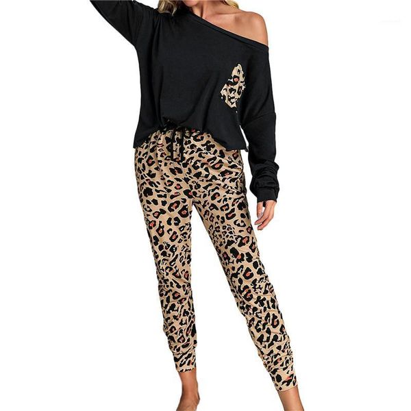 

2020 fashionable women's two piece suit long sleeve round neck leopard pattern long trousers autumn suits lounge wear1, White;black