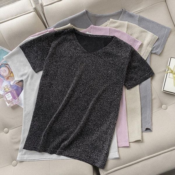 

women summer knitted t shirt short sleeve basic plus size glitter knit v neck shiny female basic ice shirt, White