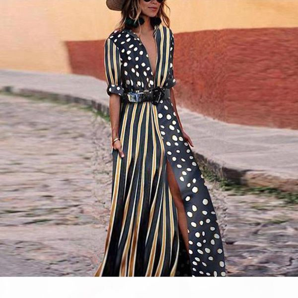 

womens designer dresses vintage high split party shirt dress women t-shirt long maxi dress plus size boho half sleeve swing dots dresses, Black;gray