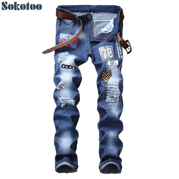 

men's jeans sokotoo american flag patches design blue denim holes ripped distressed slim straight pants
