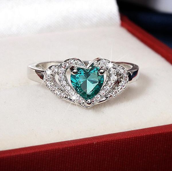 

2020 sell sweet cute simple fashion jewelry 925 sterling silver emerlad pear cut cz diamond women wedding engagement heart band ring, Slivery;golden