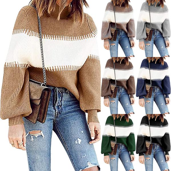 

2021 popular wickets autumn and winter new casual woman high turtleneck sank stripe contrast female sweater csc7, White;black
