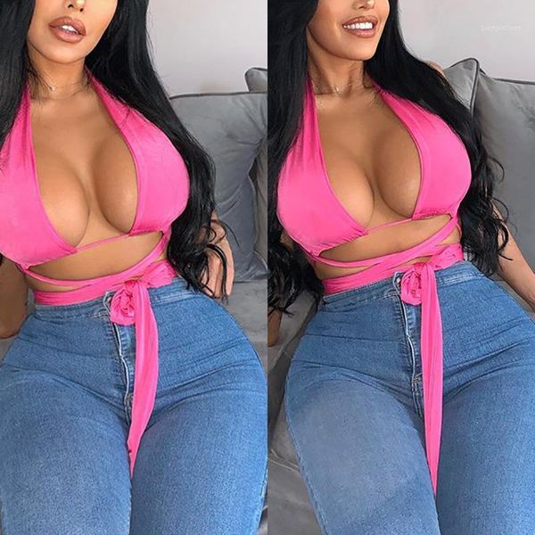 

2020 new spring summer halter short tee women pink sleeveless hollow out bandage skinny crop ladies fashion streetwear1, White