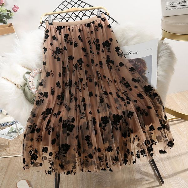 

long white mesh skirts womens elegant mujer faldas floral casual high waist a-line black pleated skirt female streetwear q3368 y1214