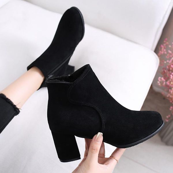 

round toe shoes women's mid calf boots booties ladies winter footwear low heels booties luxury designer boots-women, Black