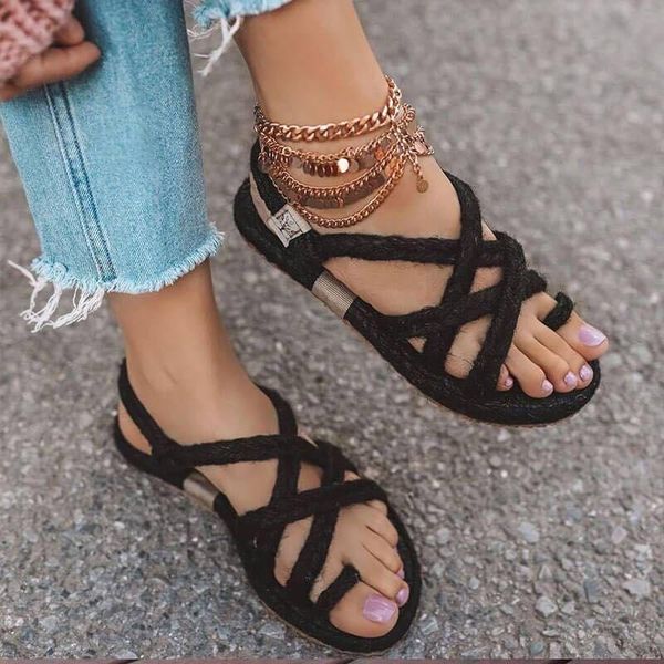 

sandals 2021 explosion summer women rope straw toe casual personality comfortable wild flat large size female beach shoes, Black