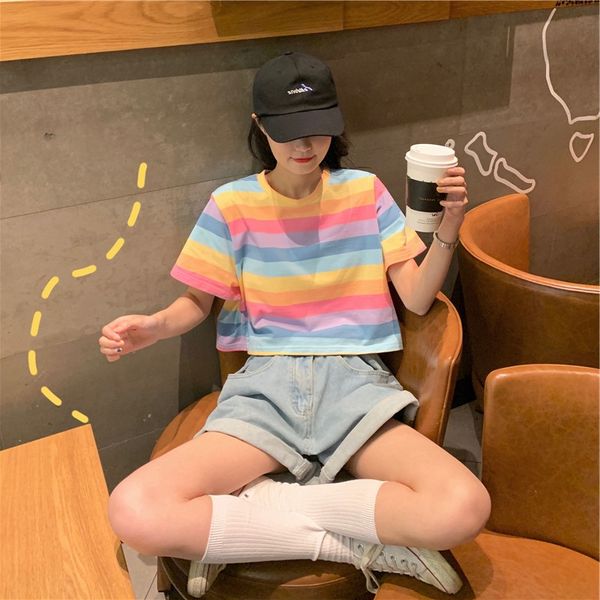 

rainbow stripe short sleeve t-shirt for women 2020 summer new sweet girl loose and versatile short student coat t-shirt ozxmx, White