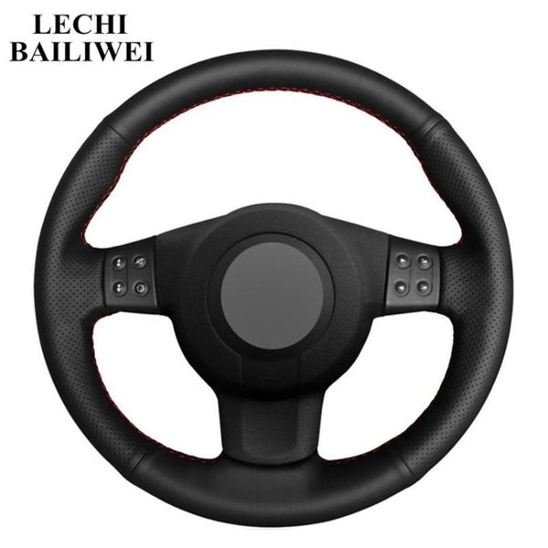 

black artificial leather steering wheel cover diy hand-stitched car steering wheel cover for seat ibiza 6l leon 2007 2008