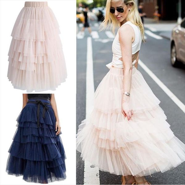 

summer autumn high elastic waist mesh long maxi women pleated skirts tiered ruffle flower tulle tutu skirt holiday wear, Black