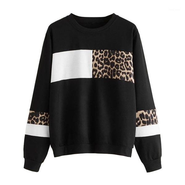 

sagace women's solid leopard contrast round neck long sleeve sweatshirt durable enough comfortable sudaderas1, Black