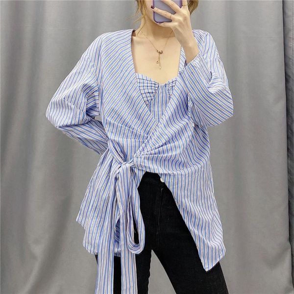 

stylish striped women blouse satin fashion v-neck long sleeve female shirts blusas office wear mujer chic tos, White
