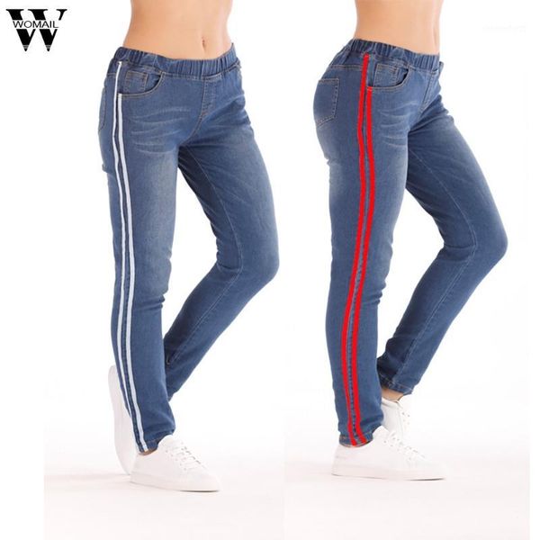 

womail ankle-length pants for women mom elastic waist casual jeans mid waist cotton spliced plus denim jeans cargo pants ag221, Blue