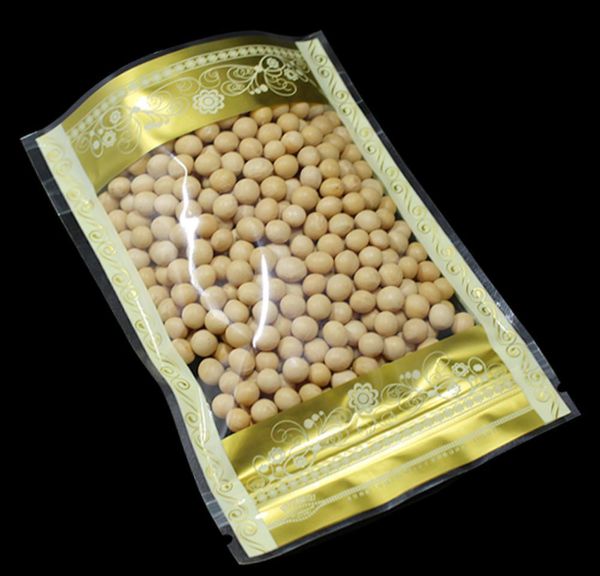 

100pcs stand up gold print with clear window plastic packaging bags zip lock zipper seal food storage packing wmtylx bdesybag