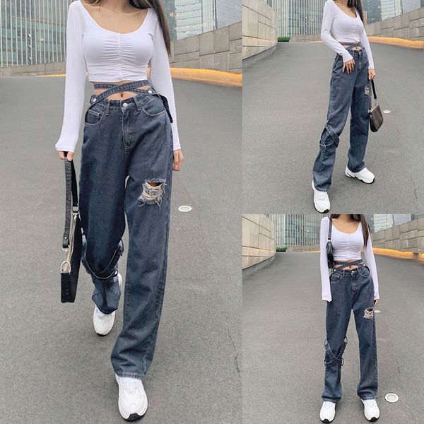 

women's fashion ripped hole high waist ribbon straight leg thin jeans blue