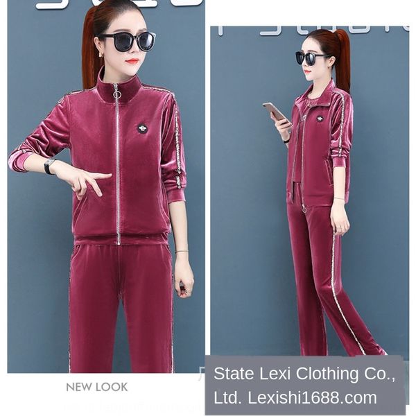 

cedni three coatcoat autumn suit suit women's mature temperament sportswear plush large piece three piece autumn new new women's, Gray