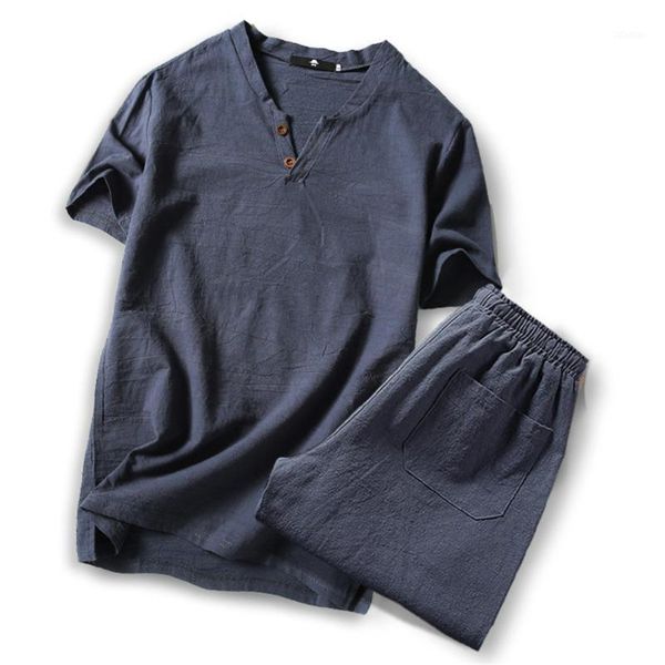 

men's tracksuits -5xl size mens summer casual coon linen v-neck short sleeve + shorts two piece set men office suit men's costum, Gray