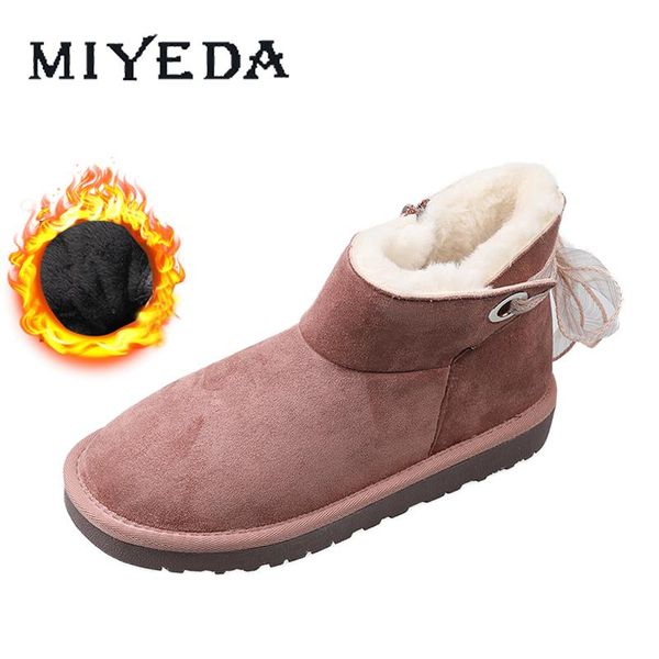 

snow boots women round toe microfiber upper riband bowknot pink beige shallow flat winter slip-on warm comfortable ankle boots, Black