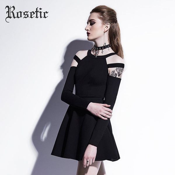 Partykleider Großhandel - Rosetisches Gotisches Minikleid Schwarze Mode Hohl Herbst Frauen Casual Dark Street Wilde sexy adrette a-line Goth Kleider