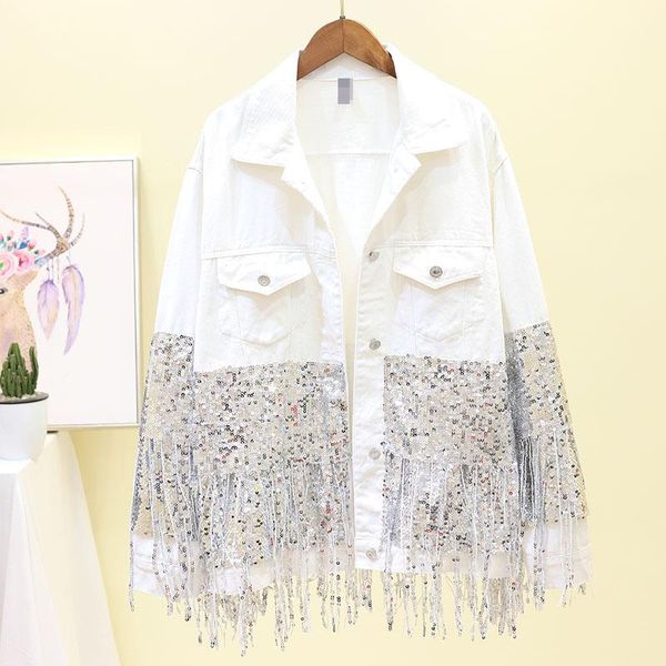 

2020 new denim jacket women autumn heavy industry sequin tassel jean jackets casual overcoat long sleeve coat female outerwear, Black;brown
