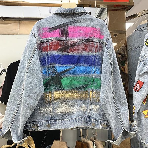 

women's jackets 2021 autumn fashion heavy industry rainbow paint hand-painted graffiti loose denim jacket female, Black;brown