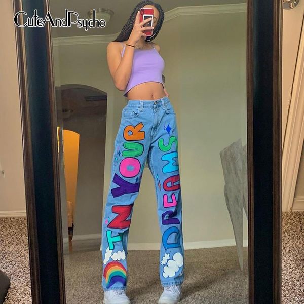 

vintage letter printed y2k baggy jeans for women streetwear high waisted wide leg trousers harajuku denim pants cuteandpsycho, Blue