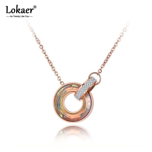 

pendant necklaces lokaer titanium stainless steel double circle clay cz crystal choker necklace office style chain collier n19060, Silver