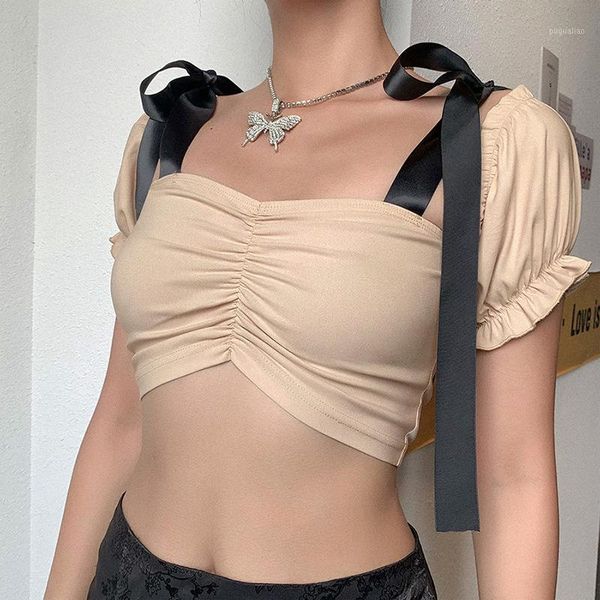 

2020 europe america women clothes summer new hit color lace up slash neck short sleeve tight sweet t shitrs apricot1, White