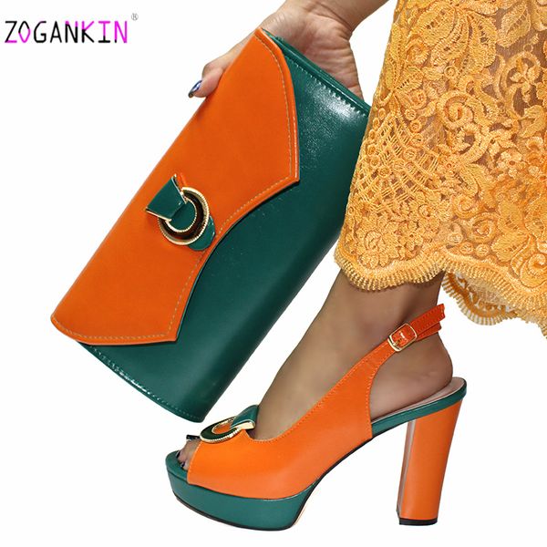 

mature italian ladies shoes and bag to match in orange with dark green color nigerian office ladies matching shoes and bag lj201113, Black
