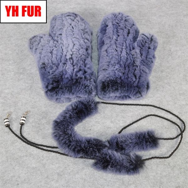 

winter real fur gloves women handmade knit real rex rabbit fur gloves outdoor warm natural rex rabbit fur mittens 201020, Blue;gray
