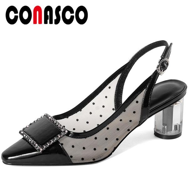 

conasco women pumps genuine leather fashion elegant polka dot mesh rhinestone high heels party wedding slingbacks shoes woman, Black