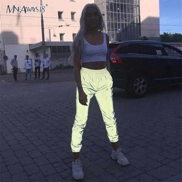 

mnealways18 gray high waist reflective pants ladies casual pull on pants loose trousers women sweatpants streetwear jogger mujer 201228, Black;white
