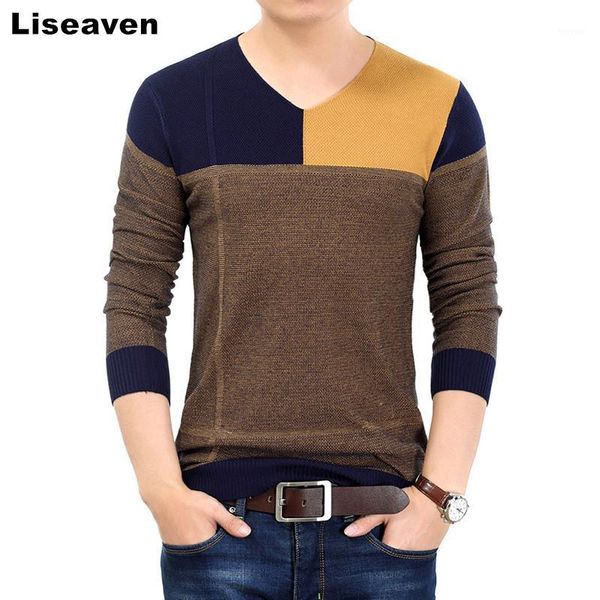 

liseaven men pullover sweater casual slim sweaters patchwork v-neck men's sweater -3xl1, White;black